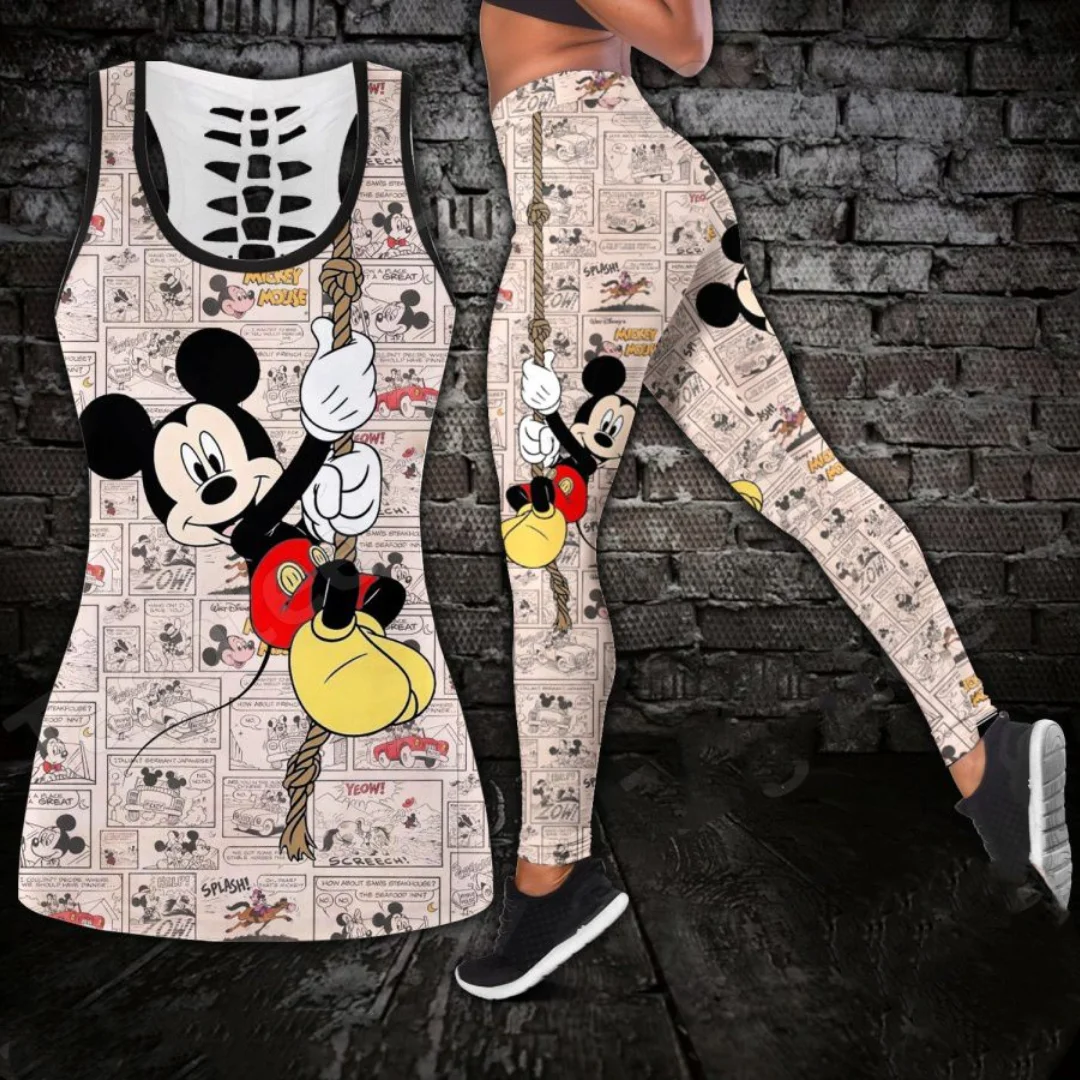 

Mickey Mouse Women's Hollow Tanktop Leggings Yoga Set Summer Fitness Leggings Tracksuit Disney Cutout Tank Top Leggings Set#2