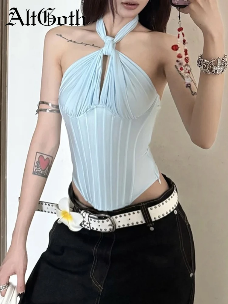 

AltGoth Aesthetic Hotsweet Corset Vest Women Mall Gothic Fairycore Grunge Y2k E-girl Punk Halter Fish Bone Crop Tank Tops Female