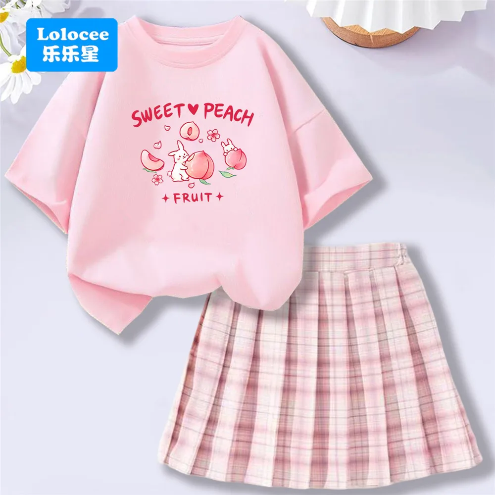 Fashion Summer Girl Clothes Set Short Sleeve Sweet Peach Tops Plaid Pleated Skirt Toddler Girl Outfits Children Clothing Set