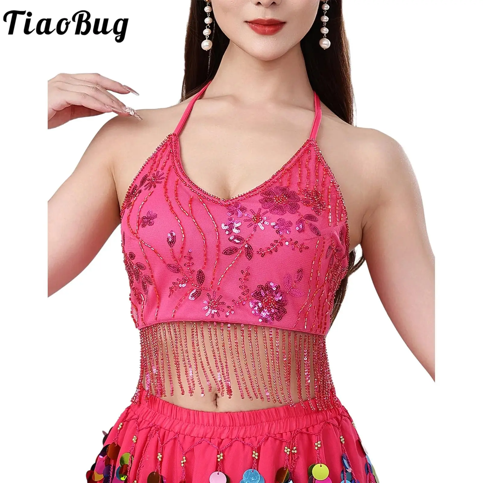 

Women Glittery Belly Dance Tops Exquisite Embroidery Tassel Halter Fringe V Neck Lace-up Cropped Top for Chacha Salsa Ballroom