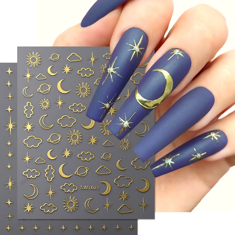 3D Bronzing Sun Moon Nail Art Stickers Decals Holographic Chrome Golden Silver Stars Designs DIY Manicure Sliders Decorations