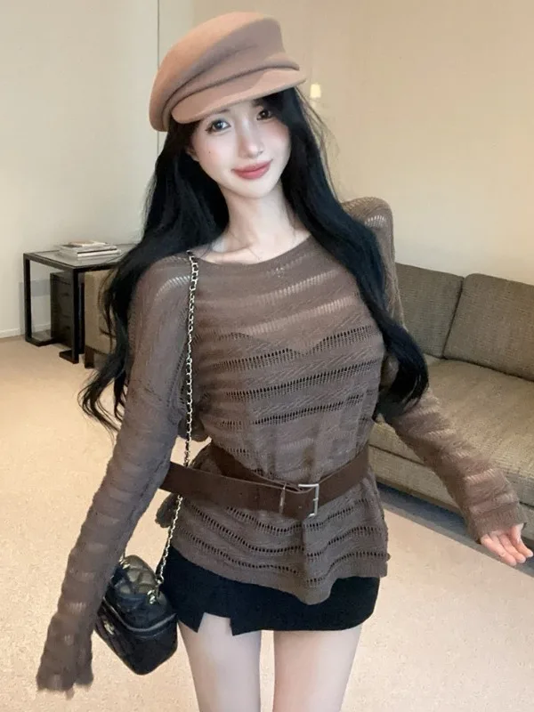 

Ladies Hollow out Knitted Sweater Shoulder Bared Base Shirt Inner Wear Autumn Fashion Korean Style Standard Size City Walk