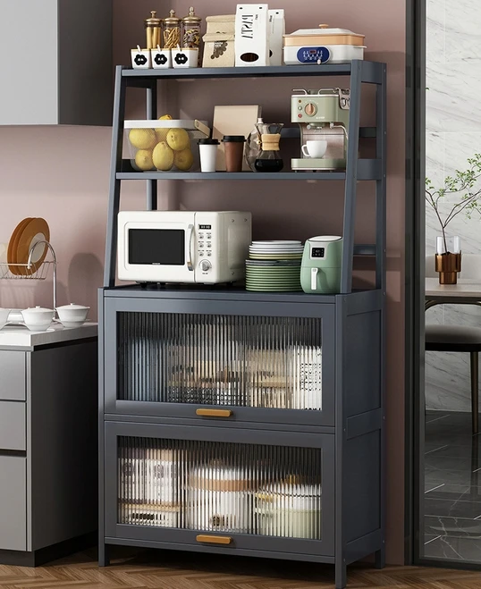 Gray Bamboo Kitchen Pantry Cabinet Storage Cupboard with 3 Storage Shelves