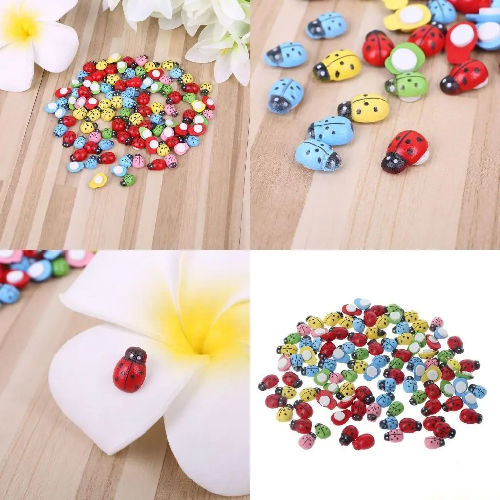 QX2E 100pcs Mini Ladybugs Shaped Stickers Miniature Ornament DIY Fairy Garden Decor