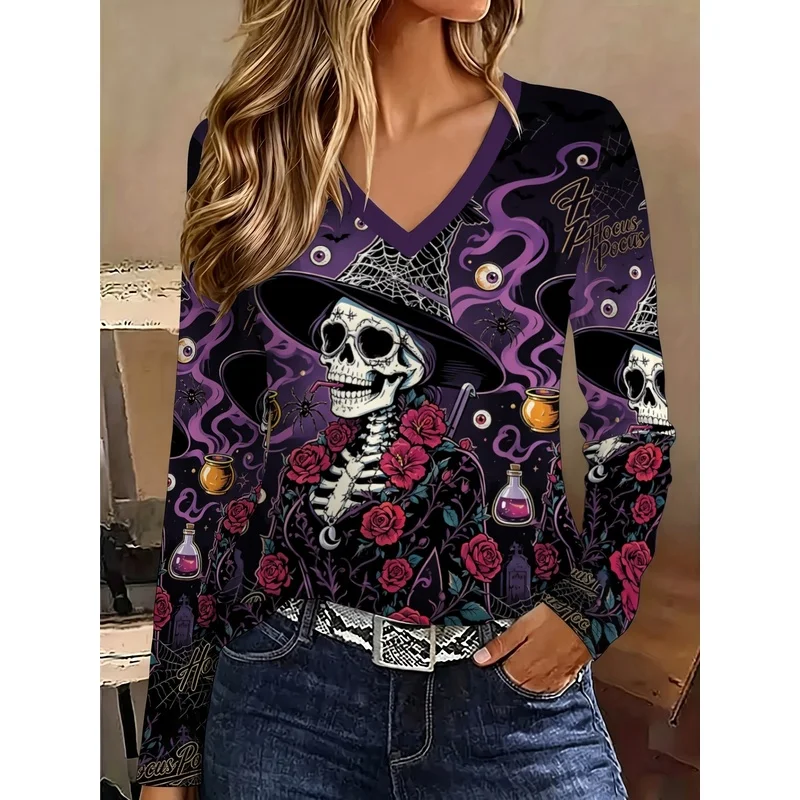 American retro style for womenVCollar Long SleeveTHalloween Skull Rose Magic Potion Print T-shirt