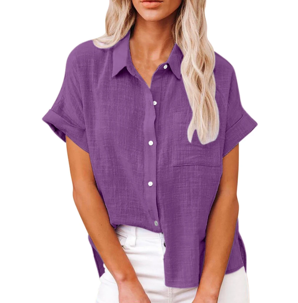 Damen-Hemd aus reinem Leinen, kurzärmelig, lässig, lockere Passform, Bluse, frischer, süßer Stil, Polyesterstoff, in mehreren Größen erhältlich – Detail 2