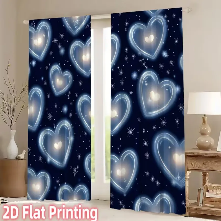 2PCS Digital Print Curtains, Flowing Light Blue Hearts, Dreamy Glowing Heart Decor Ethereal Romantic Love Themed Bedroom Drapes