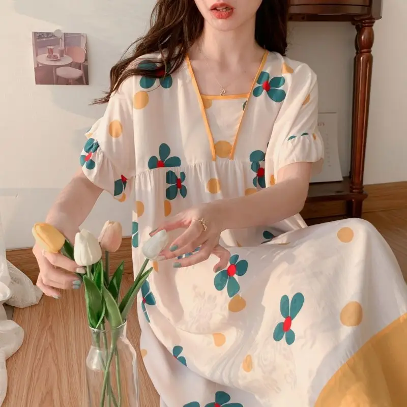 Summer Princess Style Women Pajamas Dress Female Floral Print Short Sleeves Long Nightgowns Sweet Cute Casual Look Home Clothing