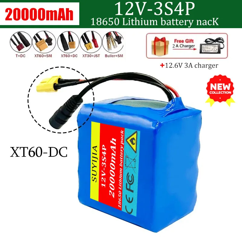 

Fishing Battery 12v 3S4P 20Ah Portable 12V Battery Rechargeable Lithium Ion Battery Pack Capacity DC 12.6v Cam Monitor+Charger
