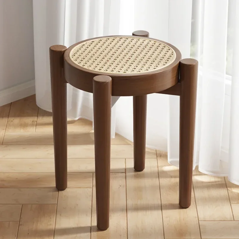 Rattan Weaving Circular Dinning Stool Walnut Color Nordic Ins Stacked Space Saving Ottomans Dressing Chair Living Room Furniture