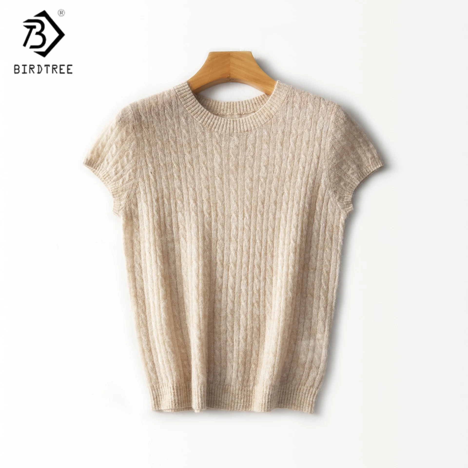 

Birdtree,Wool Blend O-neck Knitted Sweater,Woman Short Sleeve Soft Commuting Knitwear,2025 Autumn Winter Solid Pullover T5O417JF