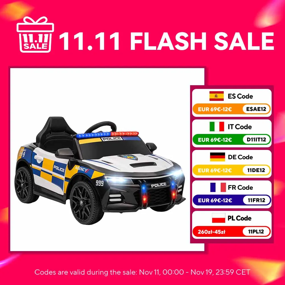 Voiture de Police électrique pour enfants pour garçons + 3 ans 12V avec télécommande 2.4g lumières sirène musique multicolore
