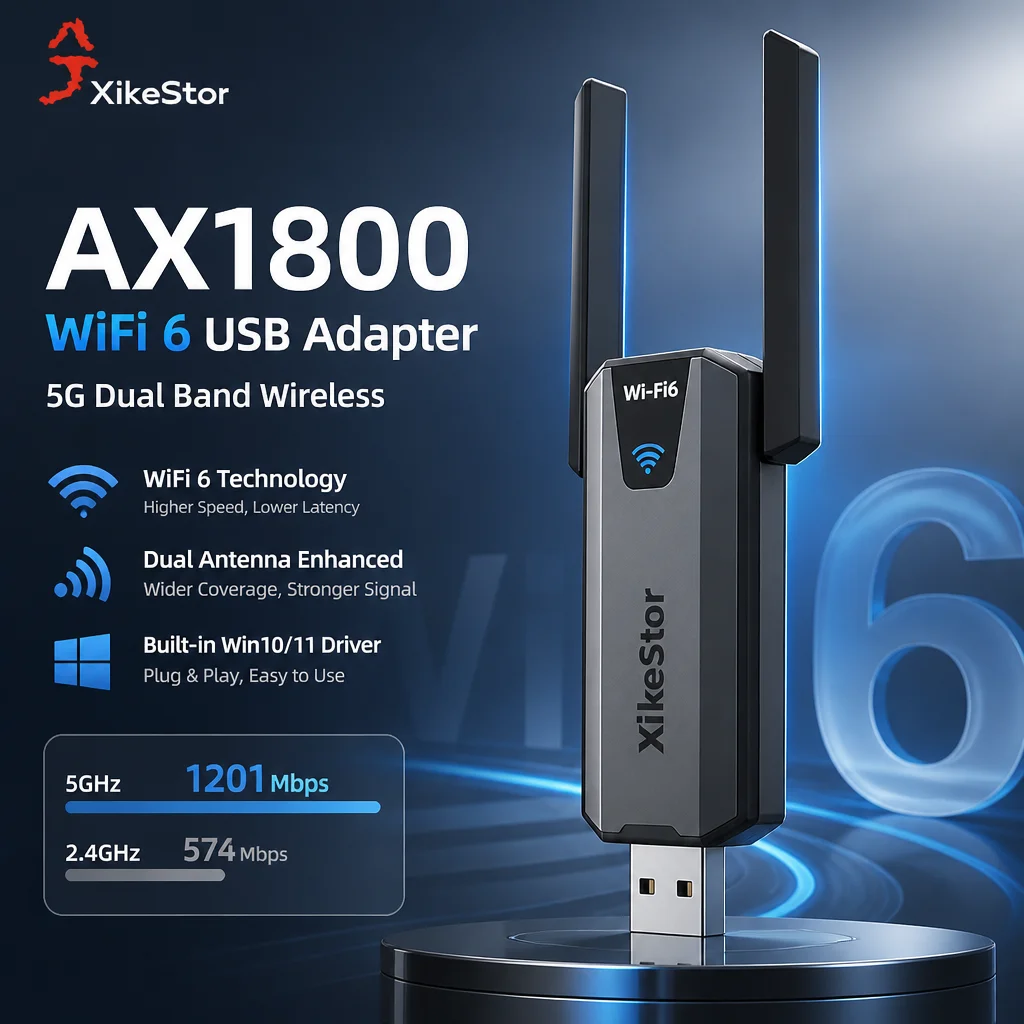 XikeStor AX1800 WiFi 6 USB Wireless Adapter Dual Band 5G 1800Mbps Network Card for PC Laptop Desktop Built-in Win10/11 Driver