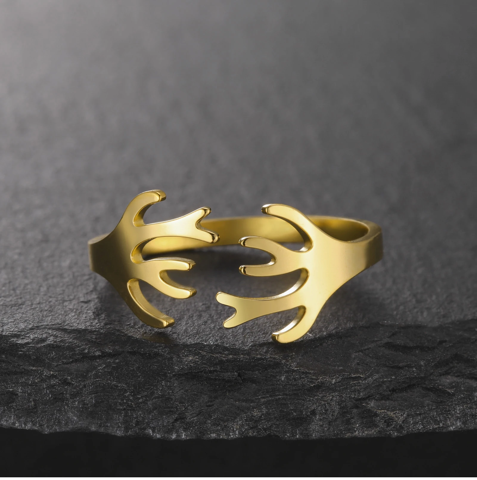 CoolTime Hirschgeweih Offener Ring Goldfarben Edelstahl Verstellbarer Ring Tierschmuck Geschenk für Liebhaber Natürliches Alltagsaccessoire – Detail 8