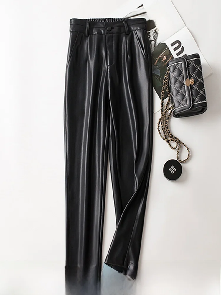 Faionable عالية الخصر مستقيم الساق eepskin بنطلون المرأة الخريف الشتاء التخسيس كابري السراويل العصرية تخفيف Sle كيتس