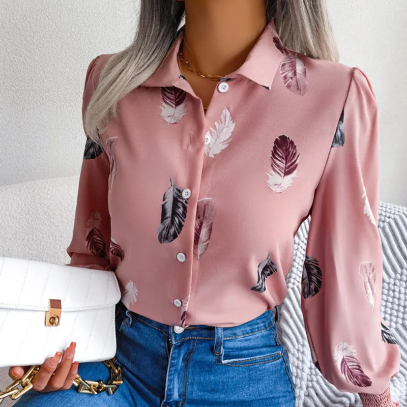 Women Spring Summer Temperament Feather Lantern Sleeve Lapel Shirt Casual Holiday Comfort Top Fashion Basics Commuter Women Wear