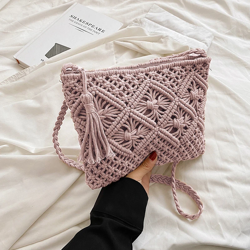 

Fashion Woven Hollow Out Shoulder Bags Summer Crossbody Beach Travel Handbag Female Tassel Bag Women Messenger Bags