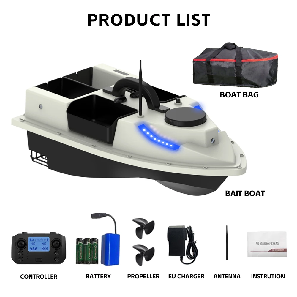 LOKEEVAN D19 afstandsbediening aasboot met GPS, 600M RC nachtboot LED-vissen, 4 hutten, 2 kg laadvermogen aasboot, intelligente retour, bescherming tegen lage batterijspanning, dubbele motorvisboot,