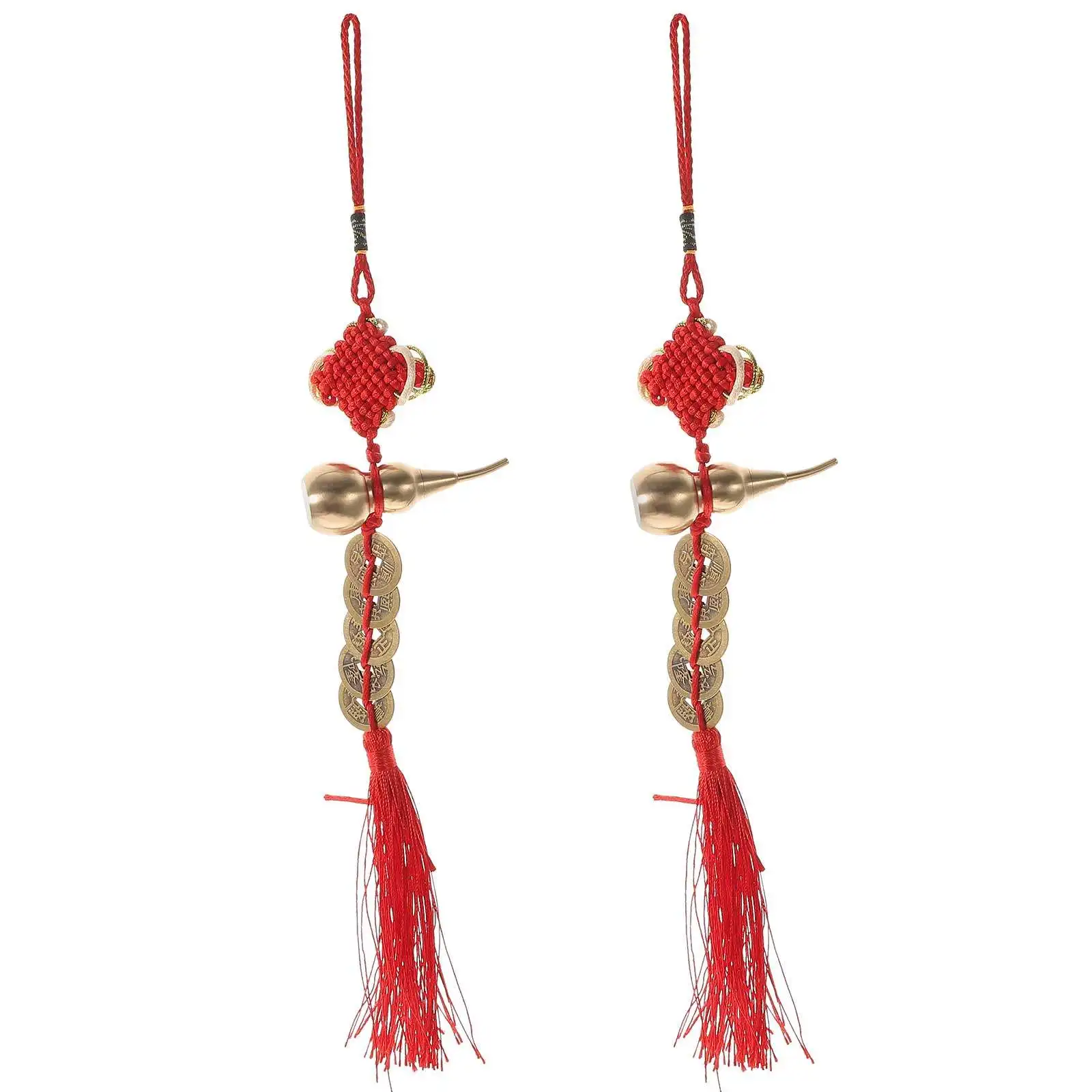 2Pcs Chinese Gourd Brass Coin Hanging Ornaments Traditional Fengshui Knot Pendant Home Office New Year Decoration - view 2
