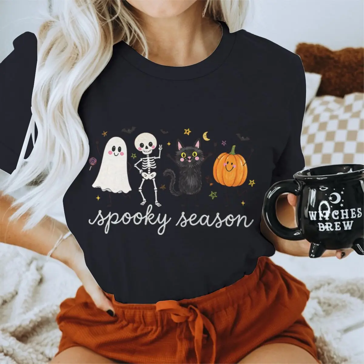 Halloween Shirts For Women Men Cute Cat And Ghost Shirt Fall Retro Vintage Spooky Season Halloween T-shirts