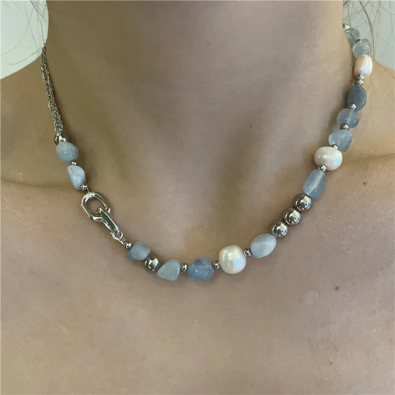 2022 New fashion blue natural stone mix freshwater pearl summer irregular original design sense INS exquisite necklace