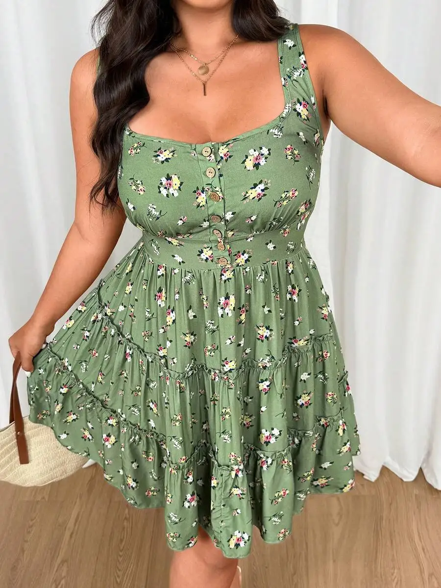 

Plus Size Women Summer Ditsy Floral Strappy A-Line Dress