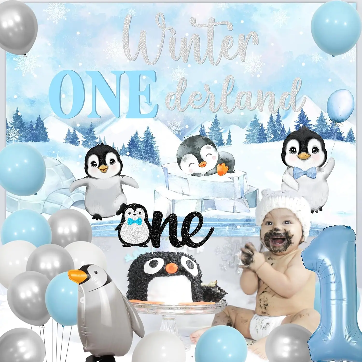 Winter Penguin First Birthday Decor Winter Onederland background seggiolone Banner Cake Topper per Winter Snow 1st Birthday Party