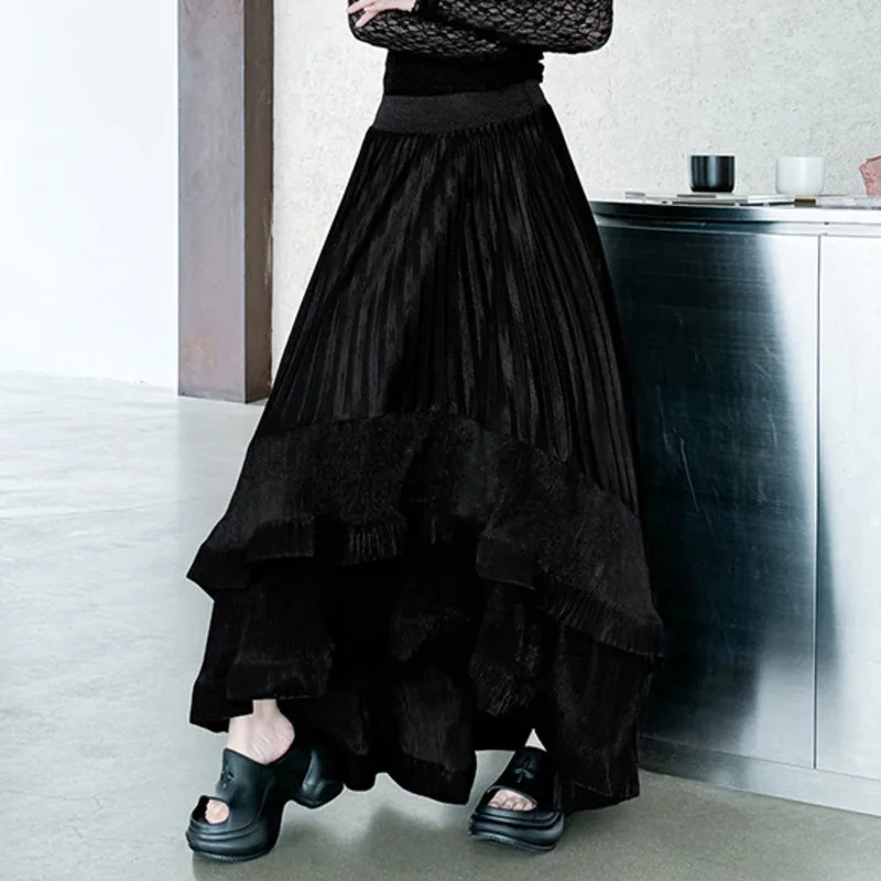 Yaonovni moda plissado irregular saia longa feminina cintura alta solta babados retalhos elegante saias longas casuais 2025 novo