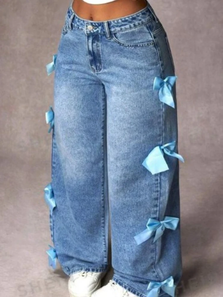 Y2k Pantaloni a gamba larga Jeans a vita alta lavati con fiocco da donna 2025 Streetwear Denims Pantaloni vintage dritti alla caviglia effetto consumato