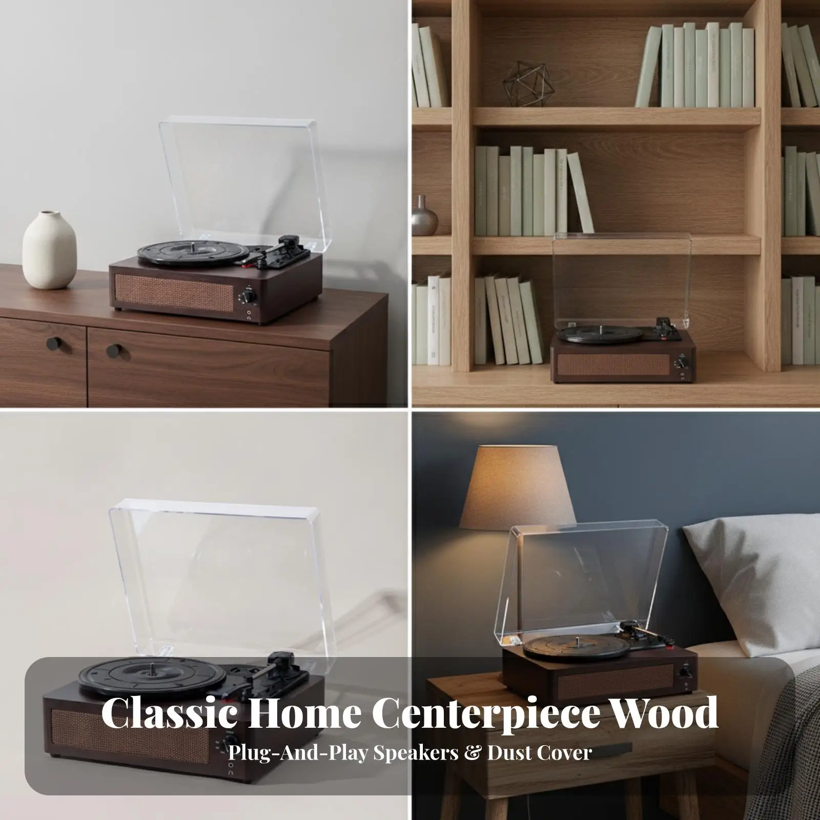 Wooden Vinyl Record Player with Built-in Speaker and Dust Cover for Living Room Tabletop Turntable