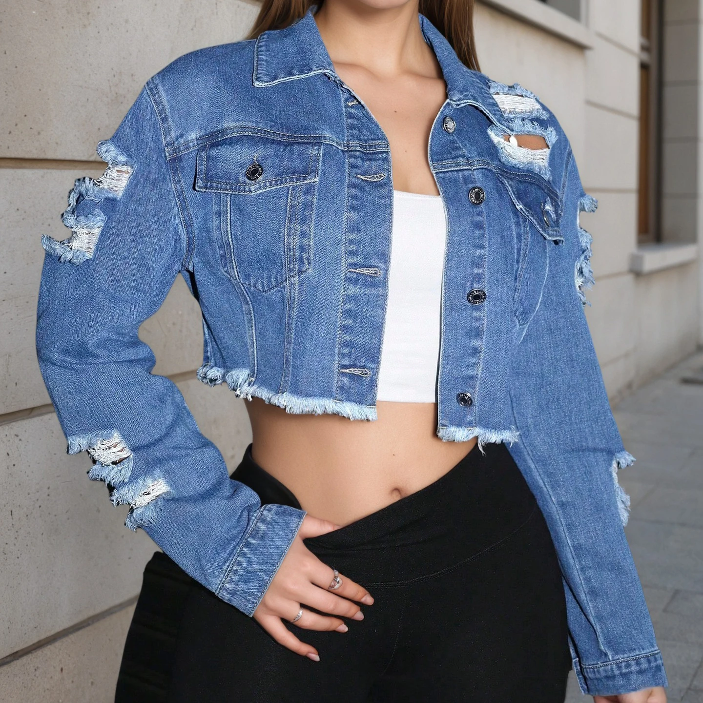 Broken Holes Rough Edges Short Denim Jacket New Fashion Washed Long Sleeved European American Women Turn-down Collar Cowboy Coat
