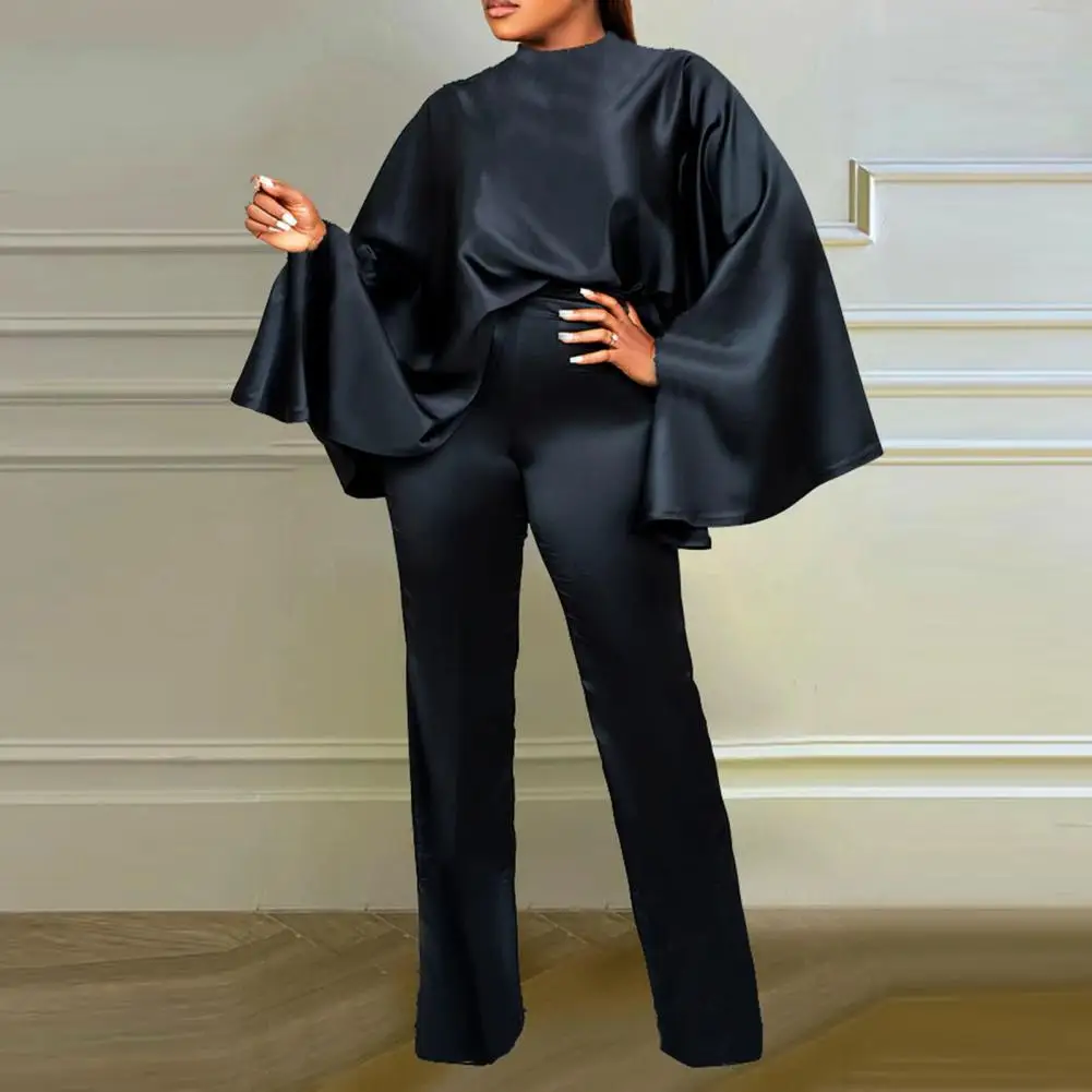 Women Faux Satin Outfit Elegant Satin Two-piece Set for Women Loose Batwing Sleeves Top High Waist Wide Leg Pants Outfit Solid
