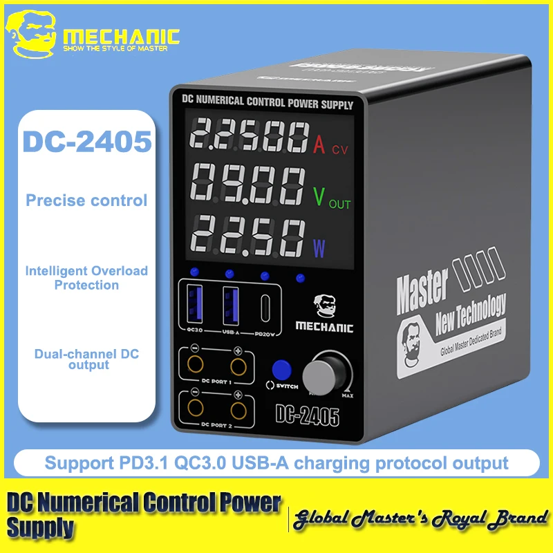 

MECHANIC DC-2405 Источник питания с числовым управлением 24 В-5 А PD и QC Интеллектуальный регулируемый импульсный цифровой дисплей для ремонта мобильных устройств