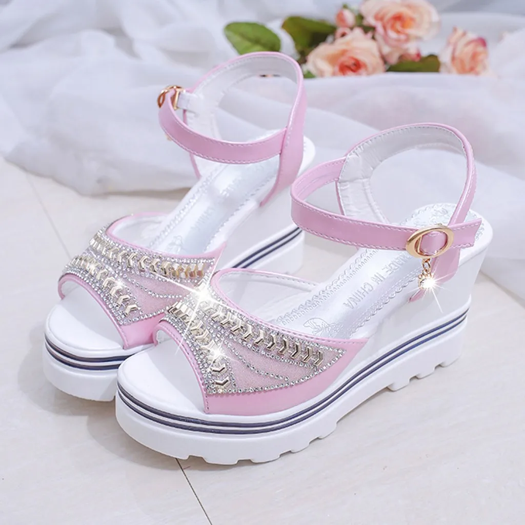 Women Elegant Wedges Sandals Platform Buckle Strap High Heels Dressy Party Sandals Roman Wedges Crystal Decro Peep Toe Sandals