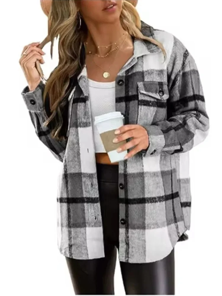 Checkered Pocket Long Sleeved Lapel Button Women's Jacket Fashionable Street Casual Comfortable Autumn Top