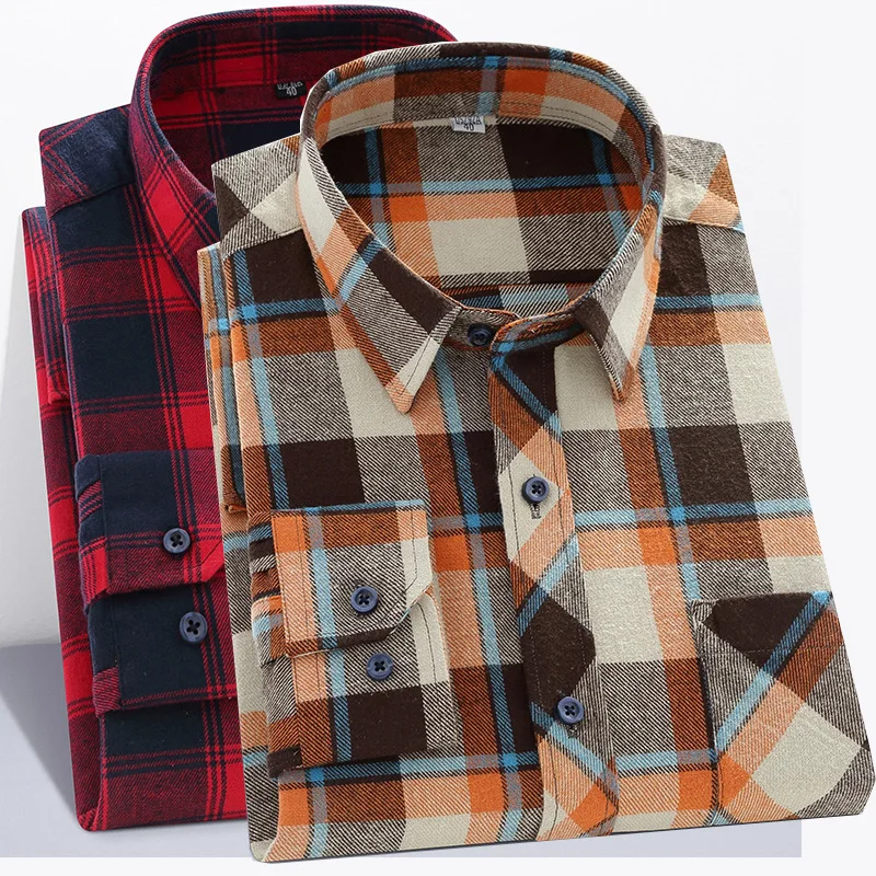 6XL men's shirt long sleeve 100% cotton checkered autumn and winter wool large size high quality slim casual fashion wear free