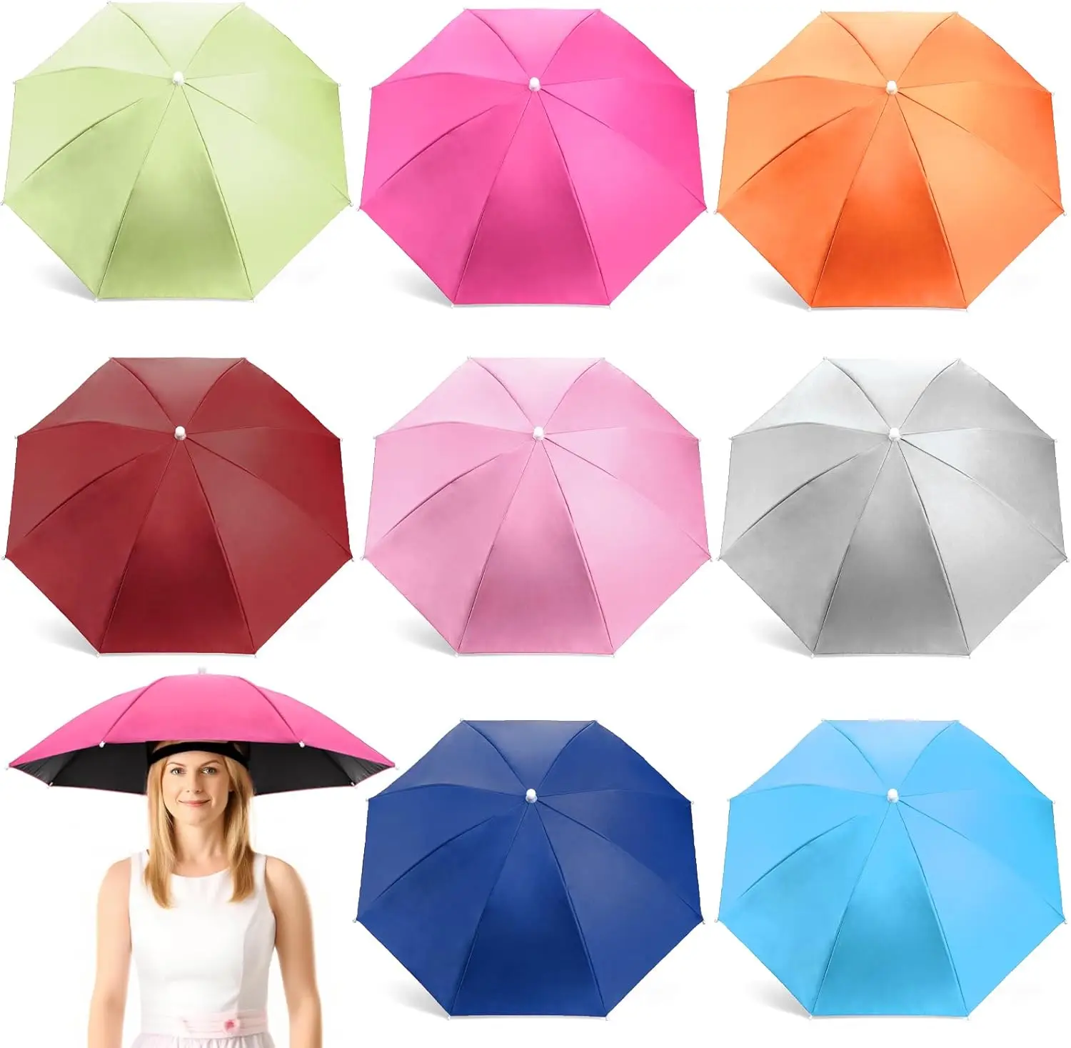 

8 Pack Umbrella Hats, 27 Inch Hands Free Head Umbrella with Elastic Band, Folding UV Protection Waterproof Sun Rain Cap for Fish
