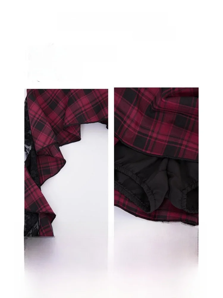 Y2K 밀레니엄 스파이시 걸 체크 레이스 스커트 여성 여름 디자인 비대칭 튤 스커트 하이웨이스트 A라인