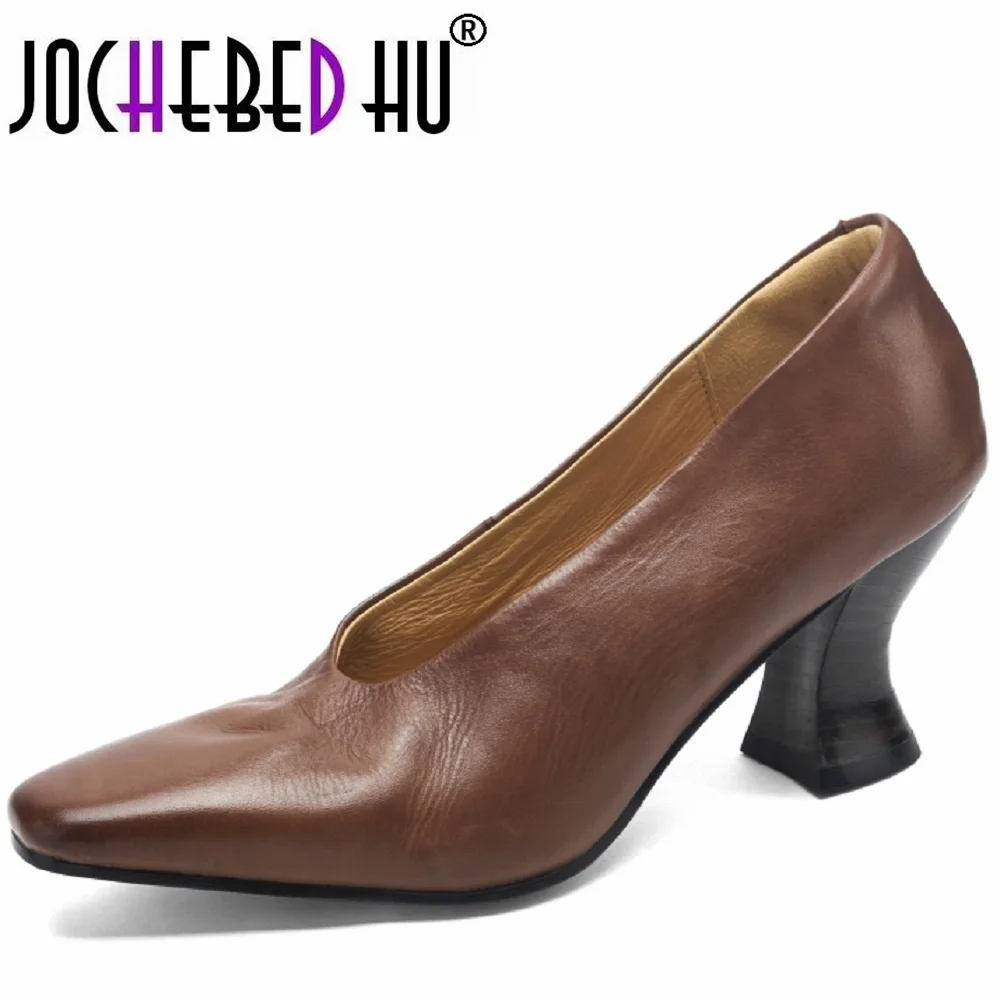 【JOCHEBED HU】Women Retro Genuine Leather Spring Autum Thick Heeled Ladies Shoes Pumps SquareToe French Style Shoes 34-40