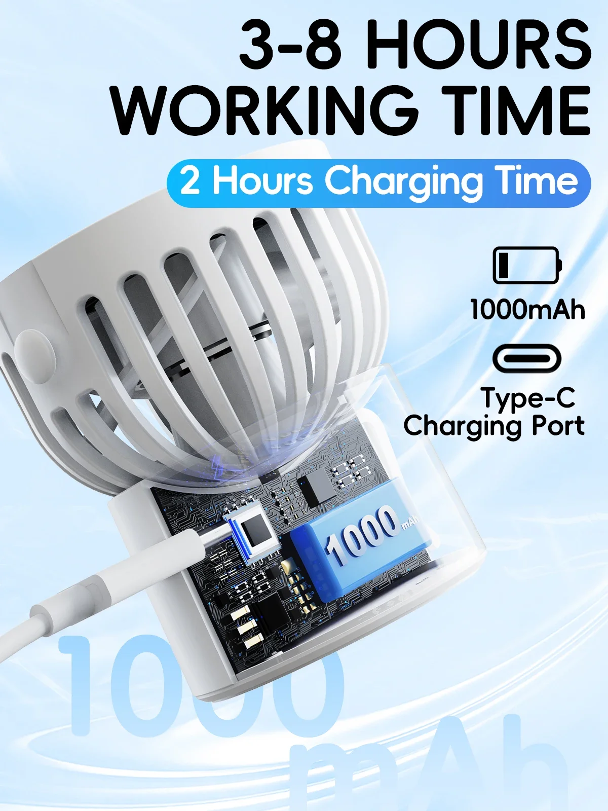 Eary Mini Portable Rechargeable Fan 1000mAh Battery Type-C Neck Hanging Fan Desktop Clip on Clothing Waist Cooling Cold Air Fan