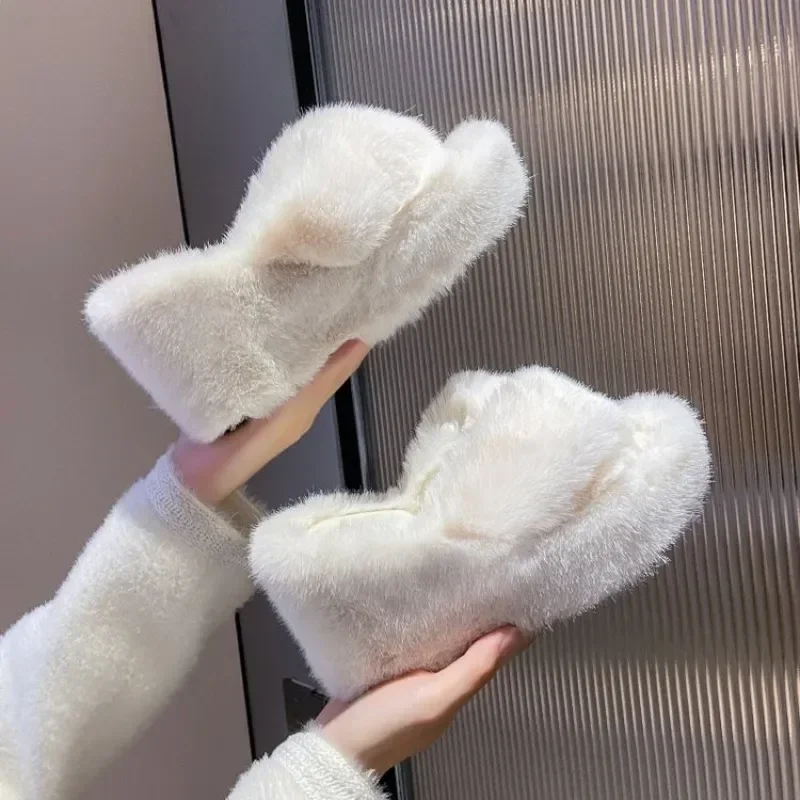 Women‘s Slippers Solid Color Shoes Outside Casual Flops Ladies Fur Slides Females 2024 High-Heels Winter Wedge Modern Slippers