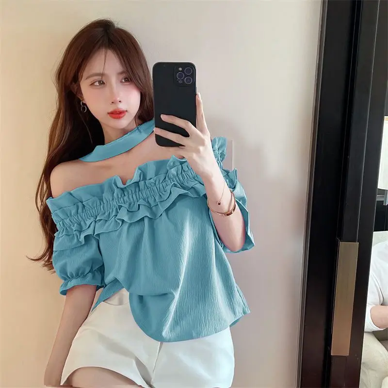 Summer New Sexy Off Shoulder Hanging Neck Chiffon Shirt Korean Fashion Folds Puff Sleeve Tops Female Elegant All Match Shirt