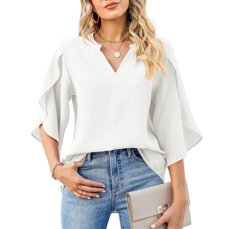 Women Summer Style Chiffon Blouses Shirts Lady Casual Short Flare Sleeve V-Neck Loose Blouse Tops