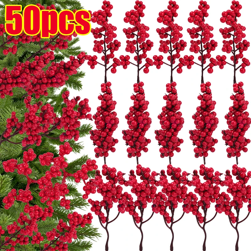 50/5pcs Artificial Red Berries Stems Fake Flowers Simulation Christmas Red Holly Berry Branch DIY Wreath Xmas Party Home Decor