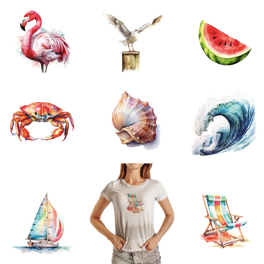 Summer Watercolor Sea Beach Crab Conch Red-crowned Crane Seagull Dtf Transfer Iron on Transfers for T Shirts Patch Ready Press