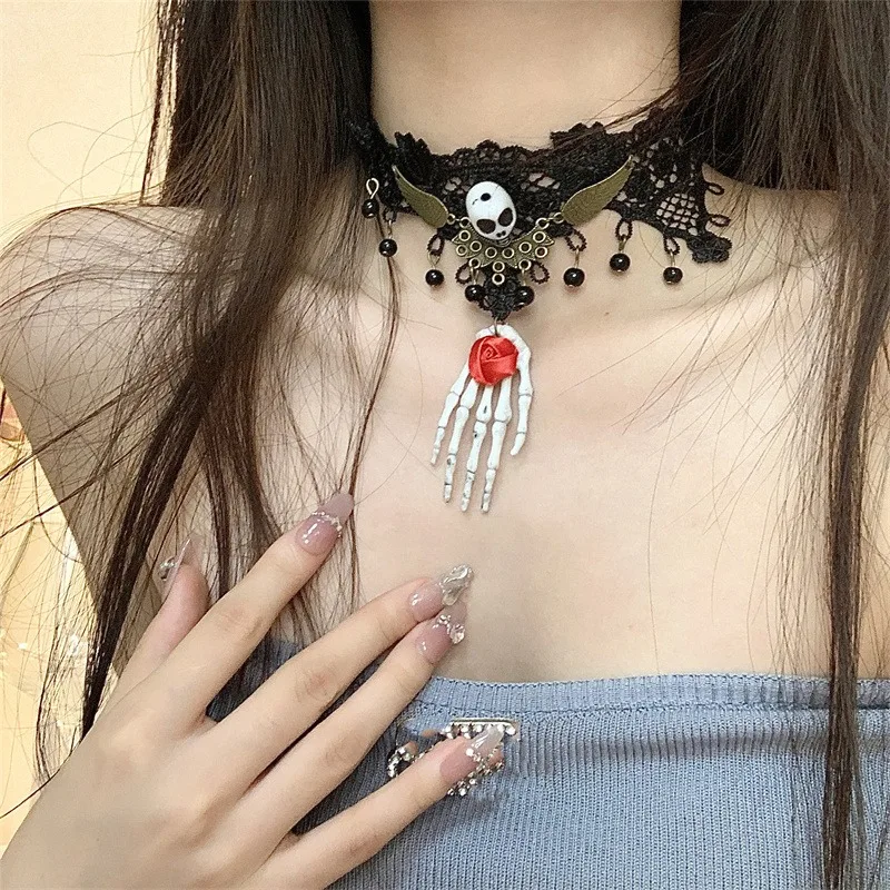 

Retro Exaggerated Skeleton Hand Long Tassel Earrings Necklace For Women Gothic Black Lace Clavicle Chain Halloween Jewelry Gifts