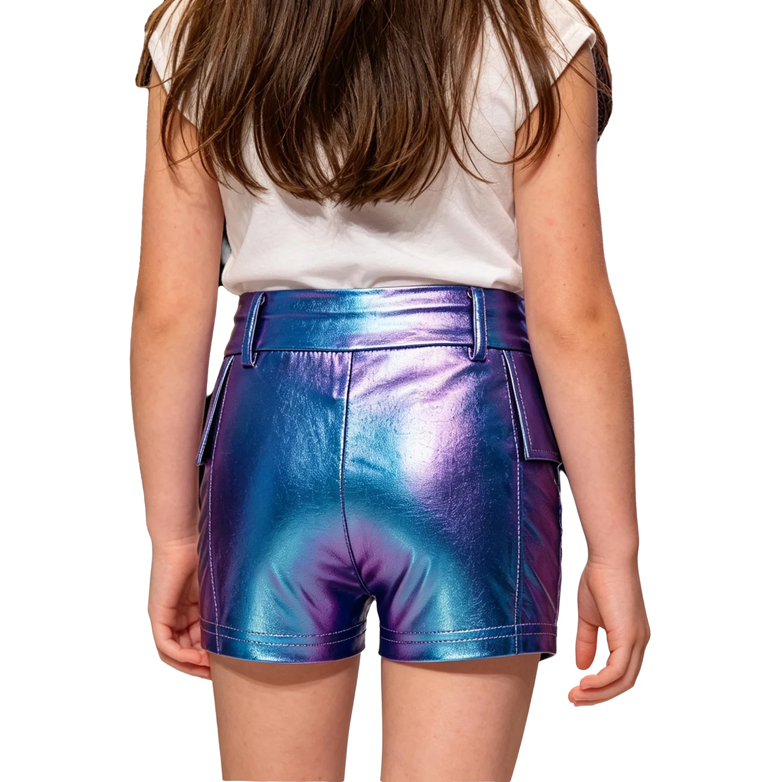 Kinder Modern Jazz Dance Bühnenauftritts-Hosen Mädchen Glänzende Irisierend Hologramm-Shorts PU-Leder Cargo-Kurzhosen – Detail 6
