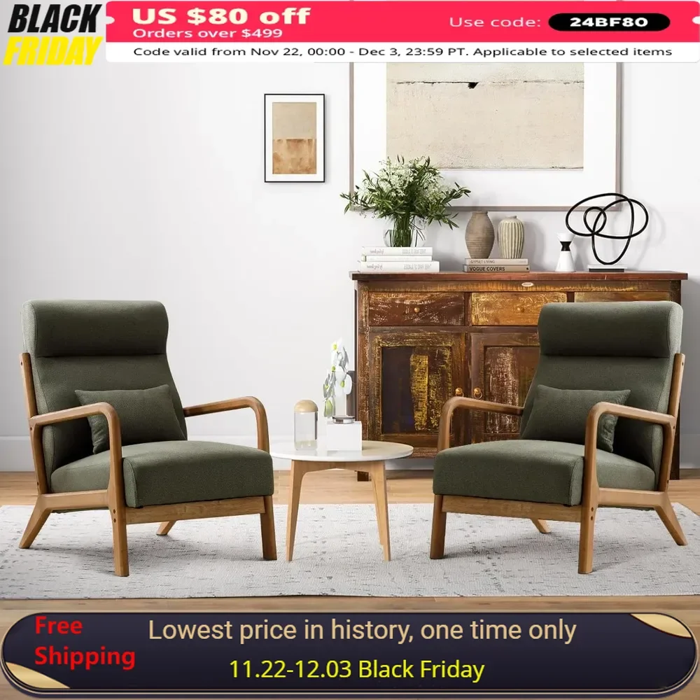 Living Room Chair Set of 2, High Back Reading Armchair with Wood Frame and Wood Frame, Mid Century Modern Accent Chair