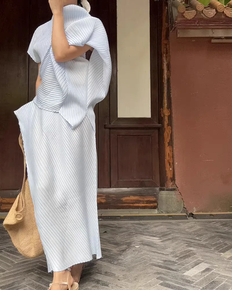 Pleated T-Shirt 2026 Summer New Japane Irregular Cut Pile Collar Top Simple Fashion Lightweight Wrinkle-Free Women Skirt