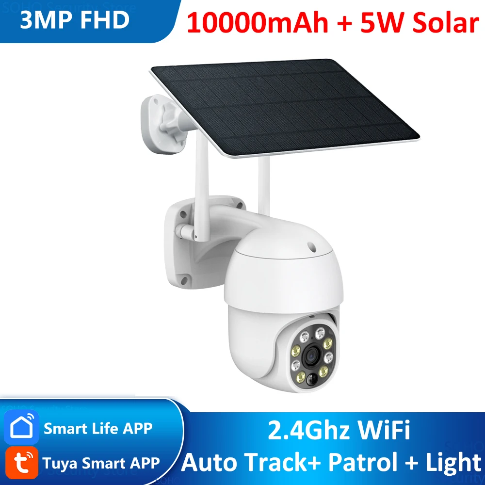 

3MP Tuya Smart Wireless WiFi Outdoor Solar Battery Powered PTZ PIR Motion Detection Alert Auto Tracking Site Patrol CCTV Camera